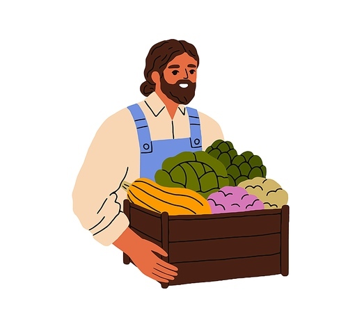 Happy farmer holding fresh vegetables in crate. Agriculture worker with wooden box, organic farm harvest, natural eco food in hands. Flat graphic vector illustration isolated on white background.