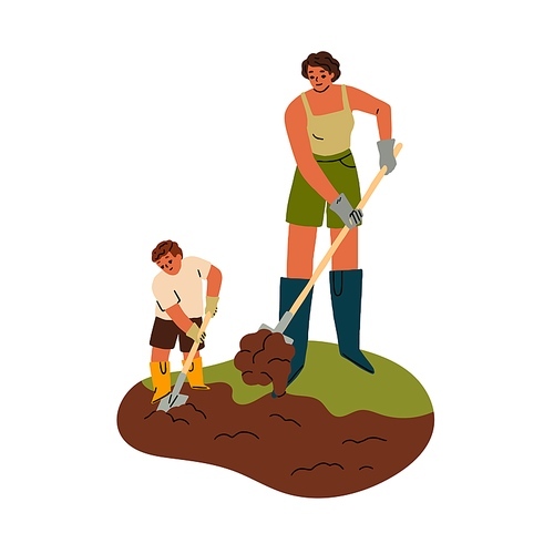 Family work at farm, garden. Son kid helps mother to dig soil, ground with shovel, spade. Mom and child farmers fertilizing earth with manure. Flat vector illustration isolated on white background.