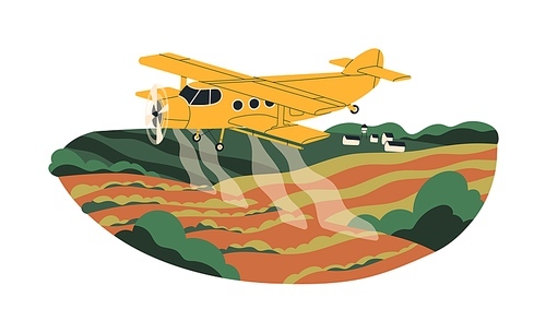 Plane spraying chemical fertilizer, pesticide in agriculture farm. Airplane flying over field and dusting crops with herbicide, insecticide. Flat vector illustration isolated on white background.