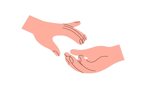 Giving, lending hand, reaching for help, love, care and support. Two arms. Volunteer, supportive friend assistance, romantic relationship concept. Flat vector illustration isolated on white background.
