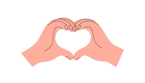 Heart-shaped two hands, fingers forming, making love symbol. Liking gesture, showing support and trust. Romantic relationship expression. Flat vector illustration isolated on white background.