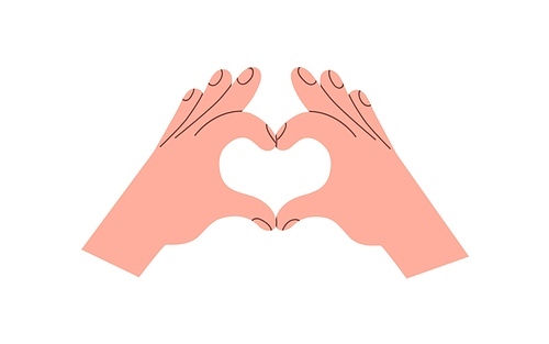 Two hands together, forming making heart shape from fingers. Showing love, like, romantic symbol, gesture. Affection, care, support concept. Flat vector illustration isolated on white background.