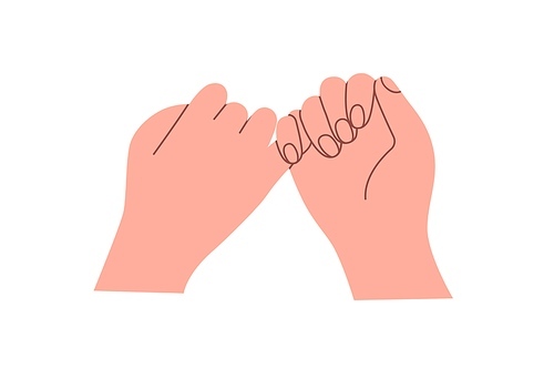 Hands crossing tow little fingers for promise, making peace. Two pinkies swearing, pledging together. Reconciliation, reunion, trust concept. Flat vector illustration isolated on white background.