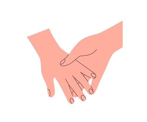 Two hands touching, holding together. Trust, support, care concept. Friends and romantic couple relationship between people, love partners. Flat vector illustration isolated on white background.