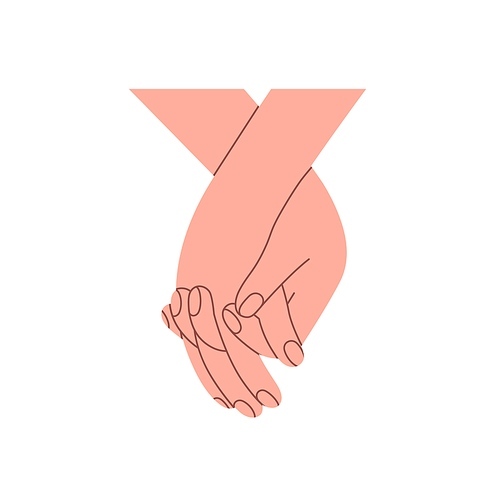 Two hands holding together. Couple in romantic relationship, family. Interlocked fingers of valentines, love partners. Affection concept. Flat graphic vector illustration isolated on white background.