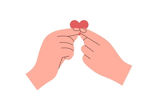 Two hands hold red heart together, share love. Romantic relationship, help, care, charity, support, hope concept. Compassion and donation symbol. Flat vector illustration isolated on white background.