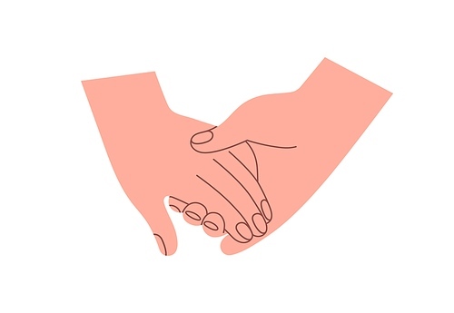 Two hands of love couple holding together, touching. Romantic partners, man and woman. Togetherness, partnership, tenderness, support concept. Flat vector illustration isolated on white background.