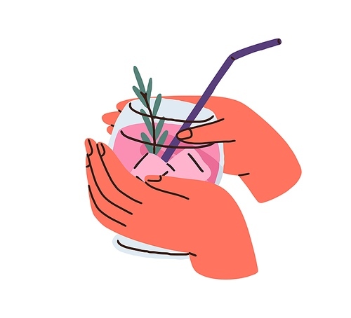 Lemonade, cold summer drink in hand. Holding iced cool refreshing beverage in glass with straw. Sweet lavender-flavored refreshment with rosemary. Flat vector illustration isolated on white background,