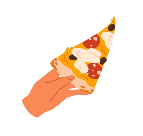 Hand holding pizza slice. Taking Italian fast food, cut triangle piece. Tasty eating, snack with melting cheese, pepperoni sausage and olives. Flat vector illustration isolated on white background.