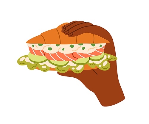 Hand holding croissant, French sandwich with salmon, lettuce. Tasty takeaway fast food for breakfast, lunch. Snack with red fish, cream cheese. Flat vector illustration isolated on white background.