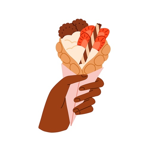 Bubble egg puff waffle cone in hand. Holding sweet snack, street food. Hong-Kong dessert with whipped cream, strawberry. Puffle confectionery. Flat vector illustration isolated on white background.