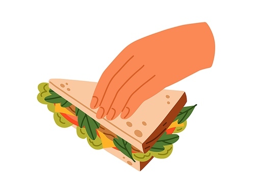 Hand taking sandwich, vegetables and cheese filling between bread toasts. Breakfast snack, healthy fast food with lettuce, tomato, greens. Flat vector illustration isolated on white background.