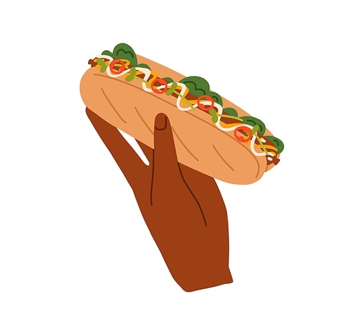 Hand holding hot-dog. American street fast food. Takeaway snack with long buns, wiener sausage, vegetables, sauces. Tasty fastfood. Flat graphic vector illustration isolated on white background.