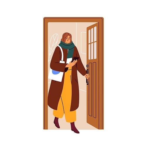 Woman leaving home, opening house door, exiting outside. Person in coat, holding mobile phone in hand, going out to work, office in morning. Flat vector illustration isolated on white background.