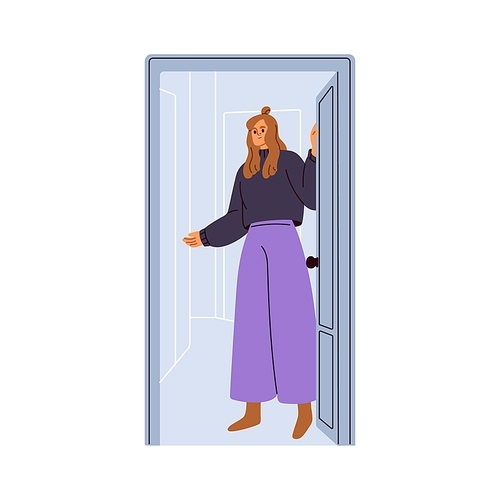 Happy woman opening unlocking home door, welcoming guests. Friendly girl indoor at entrance, greeting and inviting smb to enter house. Flat graphic vector illustration isolated on white background.