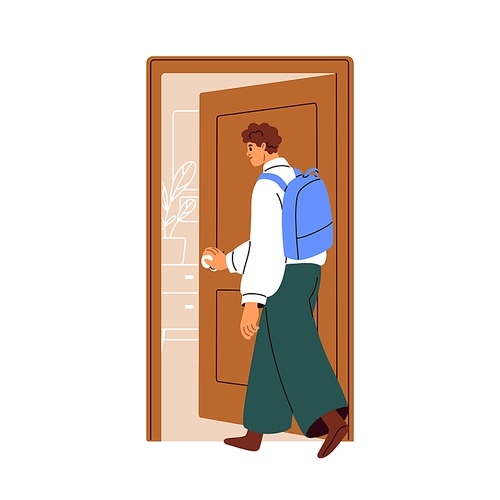Man opening, unlocking door, entering house. Young person with backpack returning, coming back to apartment, stepping inside. Guy at entrance. Flat vector illustration isolated on white background.