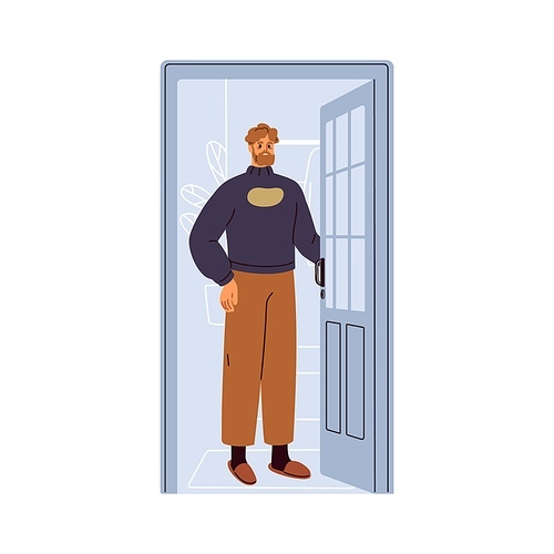 Man opening home door, unlocking house entrance, doorway. Person standing in slippers inside apartment at threshold, looking outside, meeting smb. Flat vector illustration isolated on white background.