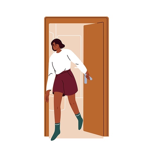 Girl leaving home room, closing door. Young black woman going out, exiting outside. Female character escaping from house, apartment. Flat vector illustration isolated on white background.