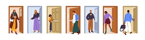People opening doors, entering, exiting home set. Men, women at doorways, entrances. Characters going through house and office entries. Flat graphic vector illustration isolated on white background.