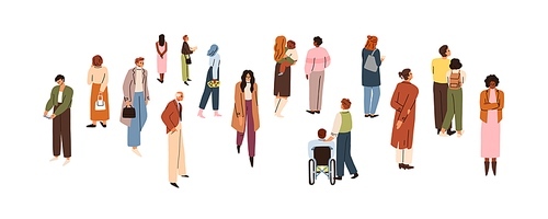 People crowd going, waiting, watching. Inclusive society, couples, families, men and women visitors walking and looking in different directions. Flat vector illustration isolated on white background.