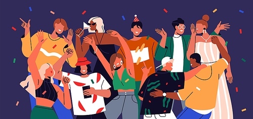 Happy young people at party, celebrating, dancing together. Friends crowd at fun celebration, holiday hangout at disco. Joyful excited men, women group at night discotheque. Flat vector illustration.