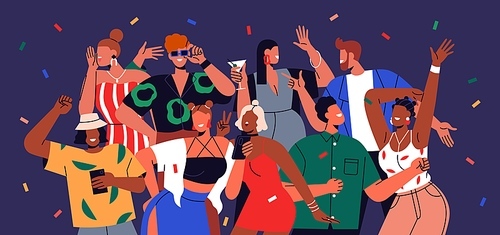 Happy young people celebrating. Excited youth crowd portrait at festive party. Joyful funky friends, women and men hanging out, gathering together at festive night disco. Flat vector illustration.