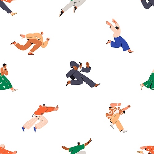 People running, seamless pattern. Endless background with characters inmotion, rushing, hurrying. Active excited men, women at fast speed, repeating print design. Colored flat vector illustration.