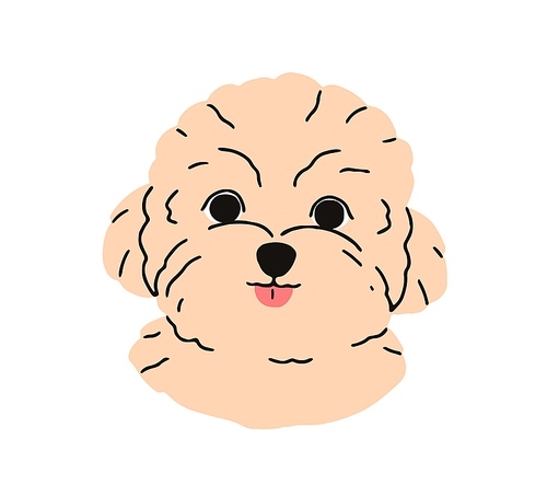 Cute puppy head of Maltese dog breed. Happy canine portrait, companion doggy, sweet little pup face. Adorable funny hairy muzzle avatar. Flat vector illustration isolated on white background.