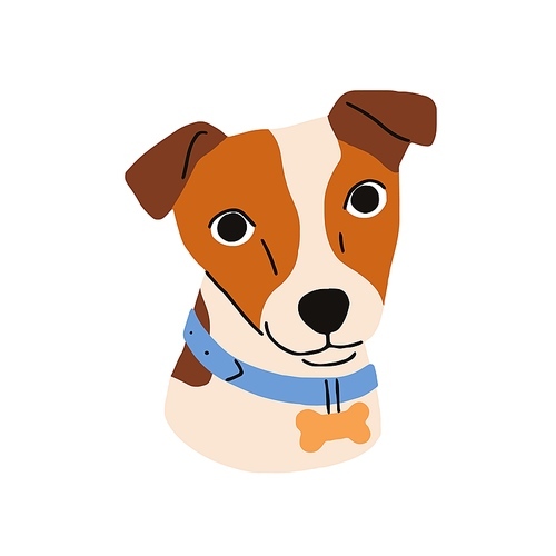 Cute dog avatar, head portrait. Little puppy of Jack Russell terrier breed. Adorable funny doggy in collar, companion pup, canine animal muzzle. Flat vector illustration isolated on white background.