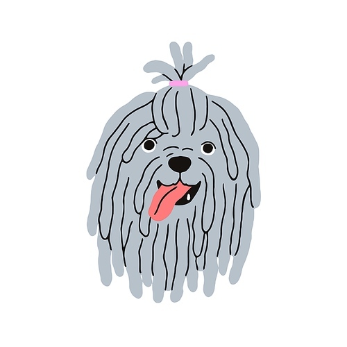Cute Komondor puppy avatar. Funny canine head of Hungarian sheepdog. Amusing corded mop dog, face portrait. Happy pup muzzle with tongue out. Flat vector illustration isolated on white background.