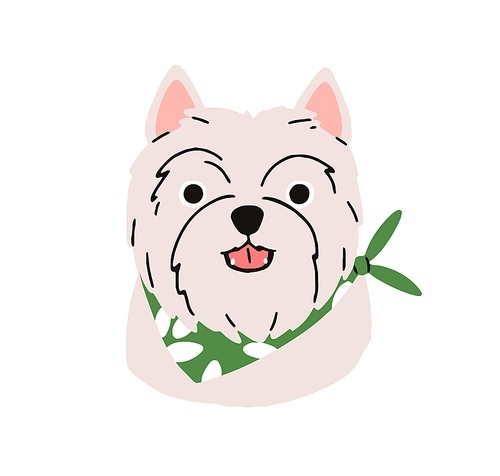 West Highland White Terrier, cute dog avatar. Puppy head of Westie breed. Amusing canine face portrait, doggy muzzle. Funny lovely adorable pup. Flat vector illustration isolated on background.