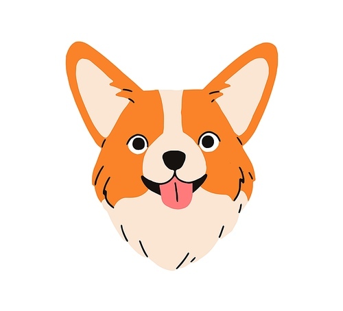 Cute dog head of Welsh Corgi breed. Happy companion doggy, canine face avatar. Funny smiling puppy with tongue, muzzle portrait. Flat vector illustration isolated on white background.