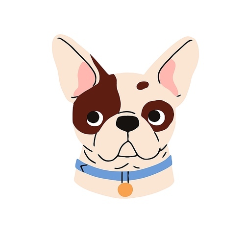 French bulldog breed, cute puppy. Little dog head, canine portrait, avatar. Funny doggy muzzle, snout. Small pup face with collar. Flat graphic vector illustration isolated on white background.