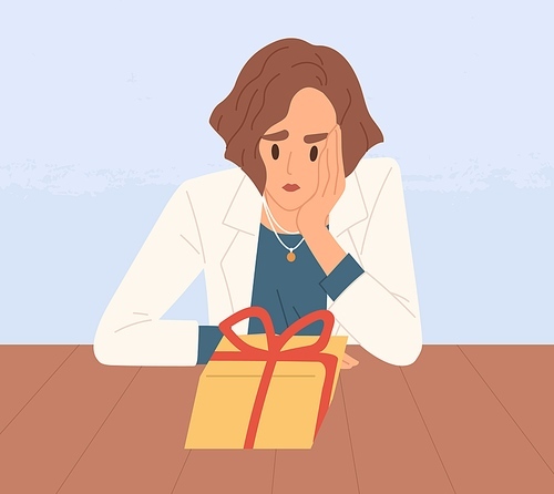 Unhappy sad person looking at closed gift box. Woman feeling bad about unexpected and unpredictable surprises from unknown people. Colored flat vector illustration of upset human and wrapped giftbox.