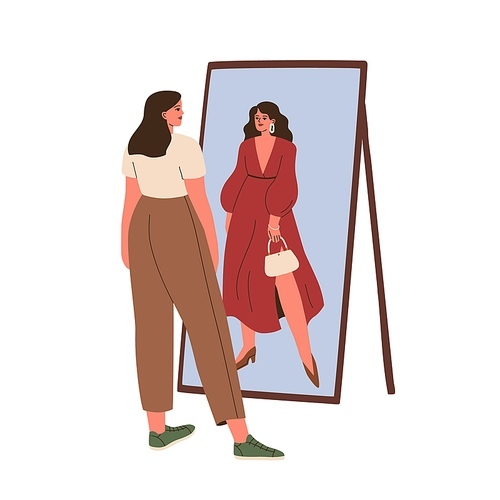 Woman looking at mirror reflection with different outfit. Makeover, changing image concept. Girl taking on dress in digital fitting room. Flat graphic vector illustration isolated on white background.