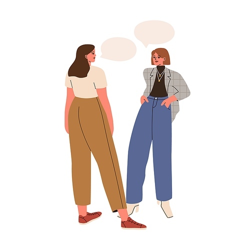 Woman talking, consulting with personal fashion stylist. Dialog, consultation of client and style professional. Girls speaking with speech bubble. Flat vector illustration isolated on white background.