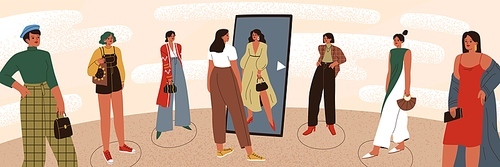 Woman choosing her own personal authentic style identity. Choice of individual image. Female character trying on apparels to find her unique aesthetic for self-expression. Flat vector illustration.