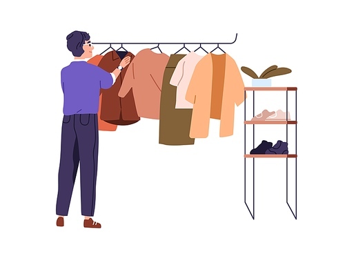 Customer shopping, choosing clothes. Person in showroom, searching apparel on hanger rail. Man shopper looking for garment in fashion store. Flat vector illustration isolated on white background.