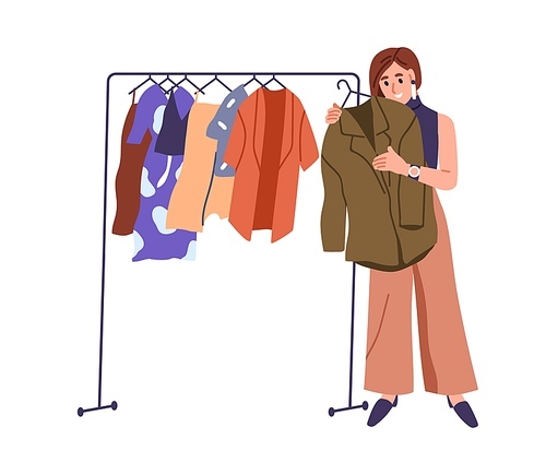 Woman customer choosing clothes at fashion store, modern showroom. Happy girl at retail shop, apparel sale, making decision to buy. Flat graphic vector illustration isolated on white background.