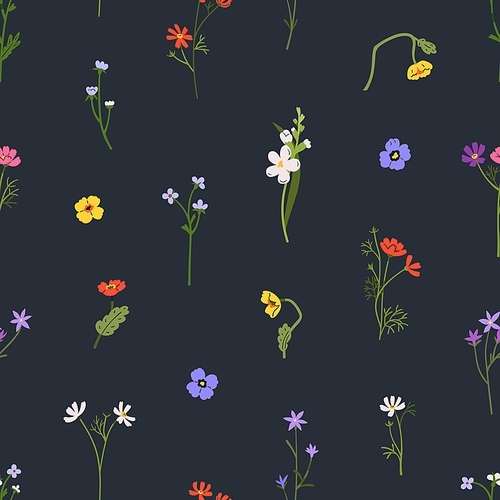 Seamless floral pattern. Spring flowers, repeating print. Endless botanical background. Field blooms, meadow plants, wildflower branches. Flat vector illustration for fabric, textile, wrapping.