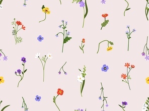 Field flowers pattern. Seamless floral botanical background. Blooming plants, repeating print. Endless texture design, spring meadow branches. Flat vector illustration for fabric, textile, wrapping.