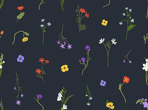 Field flowers, seamless pattern. Floral repeating print. Endless botanical background. Spring and summer blooms, delicate plants, wildflowers. Colored flat vector illustration for fabric, textile.