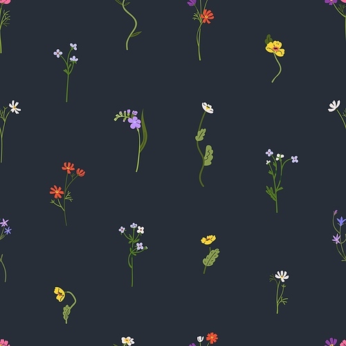 Seamless botanical pattern, spring flowers, blooming plants. Repeating floral print, field wildflowers. Endless nature background, texture design. Flat vector illustration for textile, wallpaper.