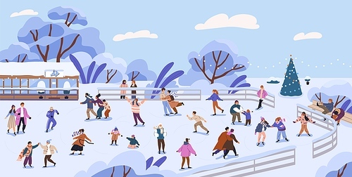 Characters skating on ice rink. People skaters at public park on winter holidays. Fun leisure activity, entertainment, amusement. Outdoor rest in frost, snow, cold weather. Flat vector illustration.