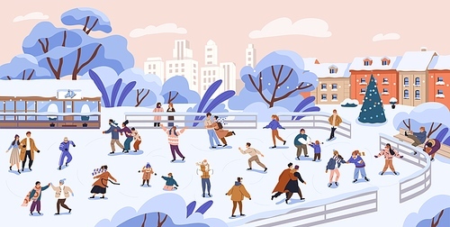 People skating at winter ice rink. Crowd of happy skaters during city outdoor activity on vacation. Active men, women, kids fun in cold weather in December, urban landscape. Flat vector illustration.