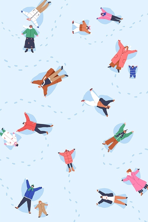 Happy people making angels, lying on snow, top view. Men, women and children at winter holiday fun. Characters, adults and kids with arms wings in cold weather, overhead. Flat vector illustration.