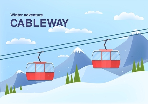 Cable car in mountains. Cableway cabins lifting over winter background. Ski resort landscape with rope way, funiculars, snow and Alps. Alpine ropeway. Flat vector illustration of cablecar booths.