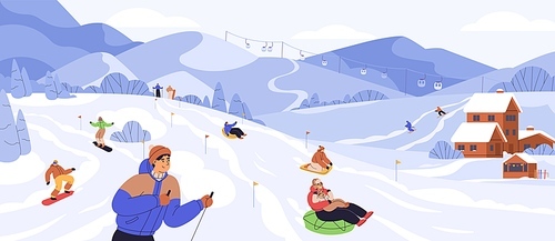 People snowboarding and riding tubing at ski resort. Skiers and snowboarders rolling from snowy mountain slope. Outdoor winter sports activities. Colored flat vector illustration.