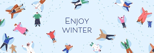 Winter holiday background. Snowy nature banner, happy people, families, children making snow angels on wintertime vacations. Outdoor fun in cold weather, card backdrop. Flat vector illustration.