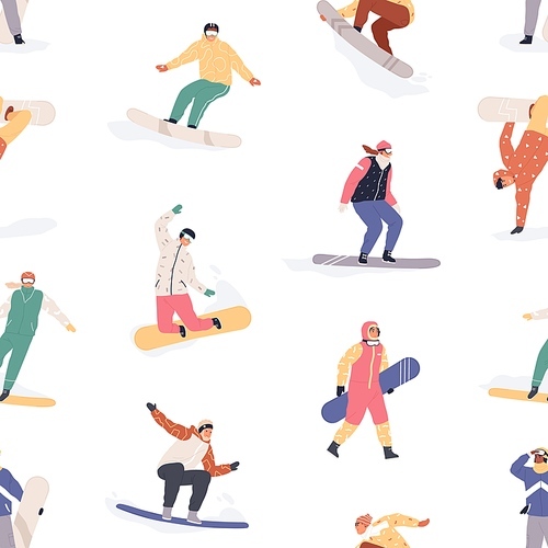 Seamless pattern with happy snowboarders on white background. Endless texture with different people riding snowboards in winter. Repeating design with human on boards. Colored flat vector illustration.